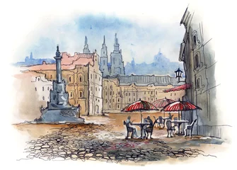 Voile Gardinen Gezeichnetes Straßencafé Prag