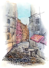 Papier Peint photo Café de rue dessiné café dans la rue