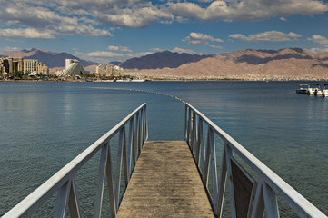 Fototapeta na wymiar View on the Red Sea from central beach of Eilat, Israel