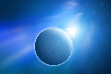 Planet Earth with Moon and rising Sun on Blue Nebula