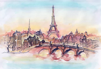 Abwaschbare Fototapete Gemälde Sonnenuntergang in Paris