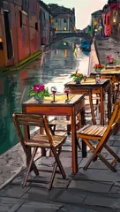 Keuken foto achterwand Tekening straatcafé Europese stad straat kleur illustratie