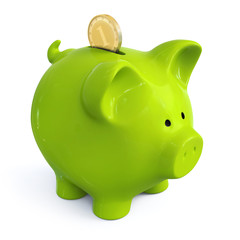 Green piggy bank with coin