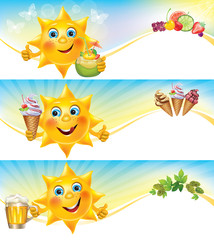 Fun sun with ice cream and cool drinks horizontal banners