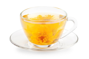 cup of healthy tea with yellow flower, isolated