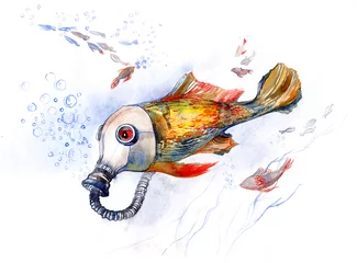 Photo sur Plexiglas Peintures poisson avec masque à gaz