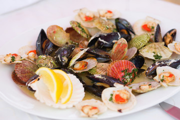 Fototapeta na wymiar Many different clams on a plate