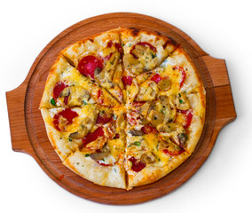 tasty cheese on wooden tray close up mushrooms pizza white backg