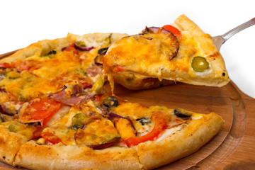 wooden cheese appetizing pizza tray isolated on white background