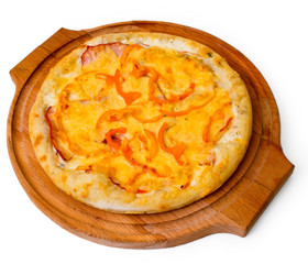 cheese appetizing pizza wooden tray isolated on white backgro