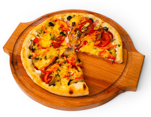 cheese appetizing tray close pizza with wooden up white backgrou