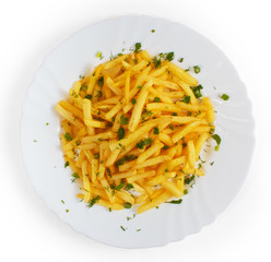 potatoes tasty fries plate dill isolated on white background