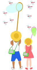 兄妹で赤とんぼの捕獲