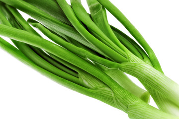Young onion on white background. Close-Up. Isolated.