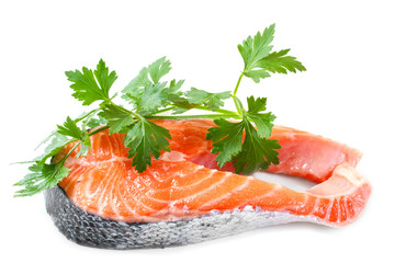 Slices of salmon, isolated on a white background.