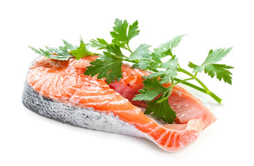Slices of salmon, isolated on a white background.