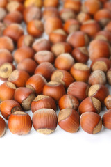 Unbroken hazelnuts on white surface