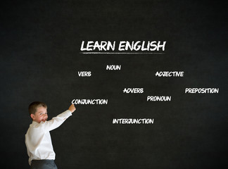 Writing boy business man with learn English background