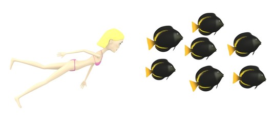 3d render of cartoon charcter with fishes