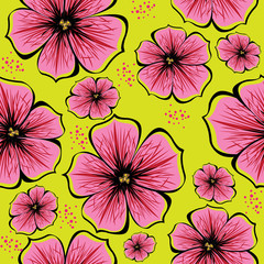 seamless pattern of red vector petunias on green background
