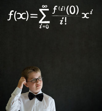 Scratching head thinking boy business man with maths equation
