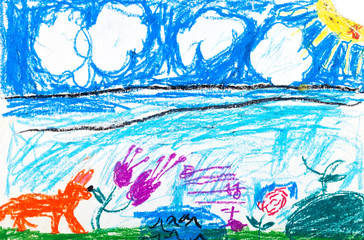 child's drawing - fox on summer lawn