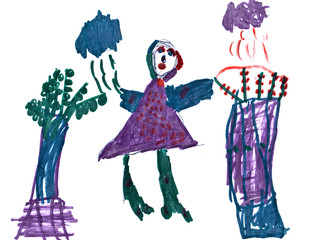 child's drawing - girl under rain