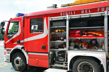 fire truck parked after switching off of a fire