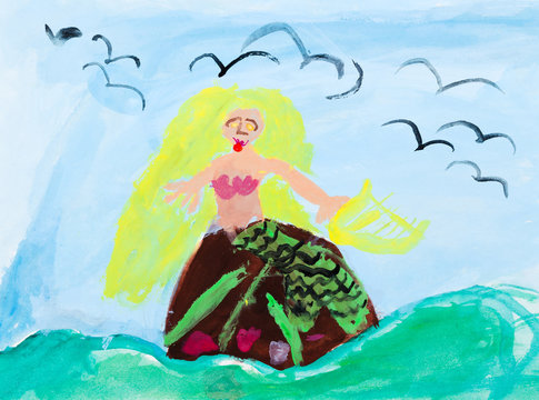 childs paiting - siren in sea waves