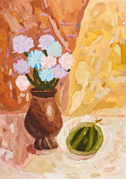 child's paiting - flower vase with chrysanthemum