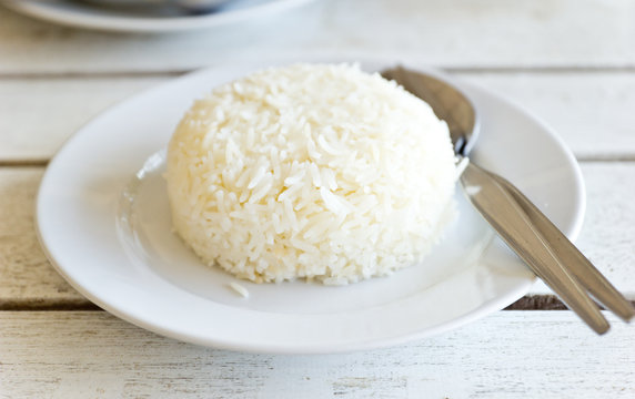 Thai Jasmine Cooked Rice On White Plate