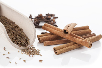Cinnamon, cumin and cloves, isolated