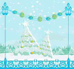 christmas tree card , winter landscape