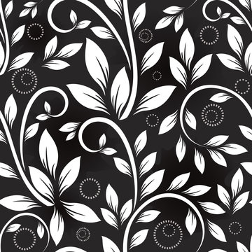 Seamless leaves monochrome vector pattern.