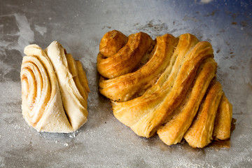 Herstellung von Franzbrötchen in einer Bäckerei