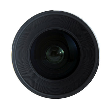Front view of an SLR lens isolated on white background