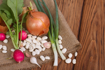 Obraz na płótnie Canvas onion, radishes, beans, garlic on a wooden table