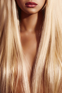lips and hair of beautiful blond model. barbi girl