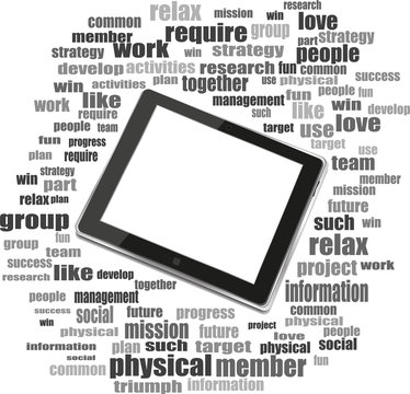 Digital tablet with mobile technology tag cloud on screen