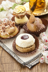 Different sort of beautiful pastry, small colorful sweet cakes w