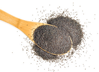 Heaped spoonful of poppy seeds on white background