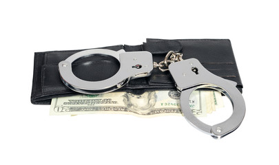 Black leather wallet with handcuffs, clipping path included.