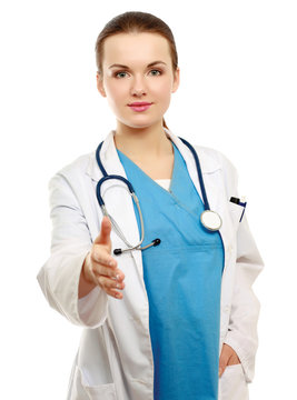 A female doctor's handshake, isolated on white background