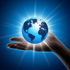 Image of hand holding earth planet against illustration