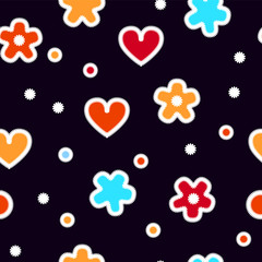 Colorful hearts and flowers on black crochet seamless pattern