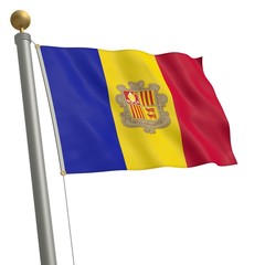 Die Flagge von Andorra flattert am Fahnenmast