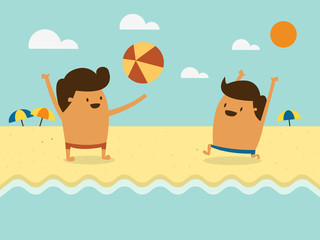 two boy play with a beach ball