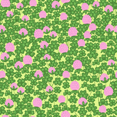 Seamless texture with clover leaves and flowers.
