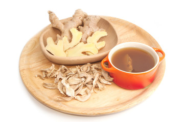 Ginger tea and ginger root ,fresh and dried herb