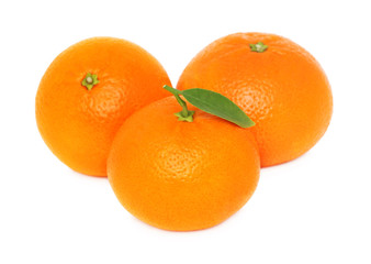 Three ripe mandarins on white background